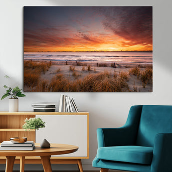 90176-MGV-CV-36X24-Beach Sunset Wall Art – Coastal Sand Dune Canvas Print with Ocean Waves and Dramatic Sky, Seaside Landscape Decor for Living Room