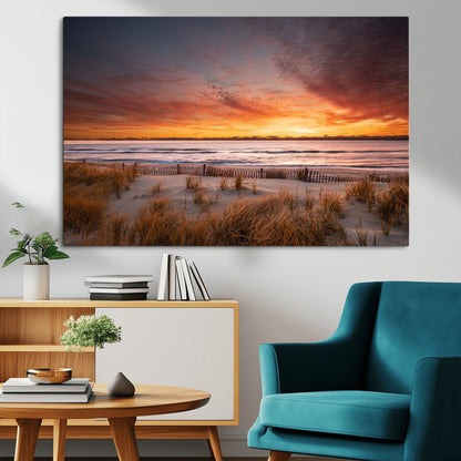 90176-MGV-CV-36X24-Beach Sunset Wall Art – Coastal Sand Dune Canvas Print with Ocean Waves and Dramatic Sky, Seaside Landscape Decor for Living Room