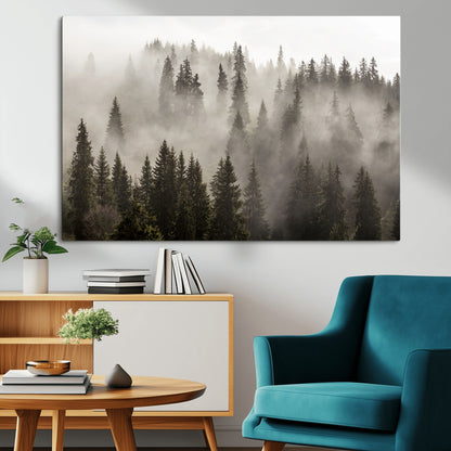 62862-MGV-CV-36X24-Misty Forest Wall Art – Tranquil Pine Tree Canvas Print with Mountain Fog, Nature Landscape Artwork for Living Room, Bedroom, or
