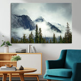 93219-MGV-CV-36X24-Misty Mountain Wall Art – Foggy Pines and Rocky Peaks Canvas Print, Nature Landscape Decor for Living Room, Office or Bedroom