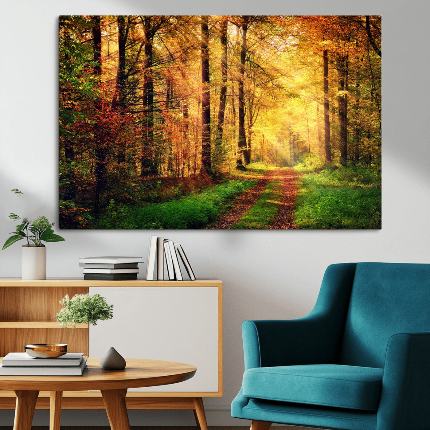 73494-MGV-CV-36X24-Golden Autumn Forest Path Wall Art – Sunlit Woodland Canvas Print, Fall Nature Landscape Home Decor