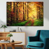 73494-MGV-CV-36X24-Golden Autumn Forest Path Wall Art – Sunlit Woodland Canvas Print, Fall Nature Landscape Home Decor