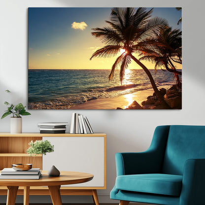 82710-MGV-CV-36X24-Palm Tree Sunset Beach Wall Art – Tropical Ocean Canvas Print, Coastal Paradise Seascape Decor for Living Room or Office Wall