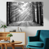 39665-MGV-CV-36X24-Black and White Forest Path Wall Art – Sunlight Rays in Trees Canvas Print, Nature Landscape Decor for Living Room