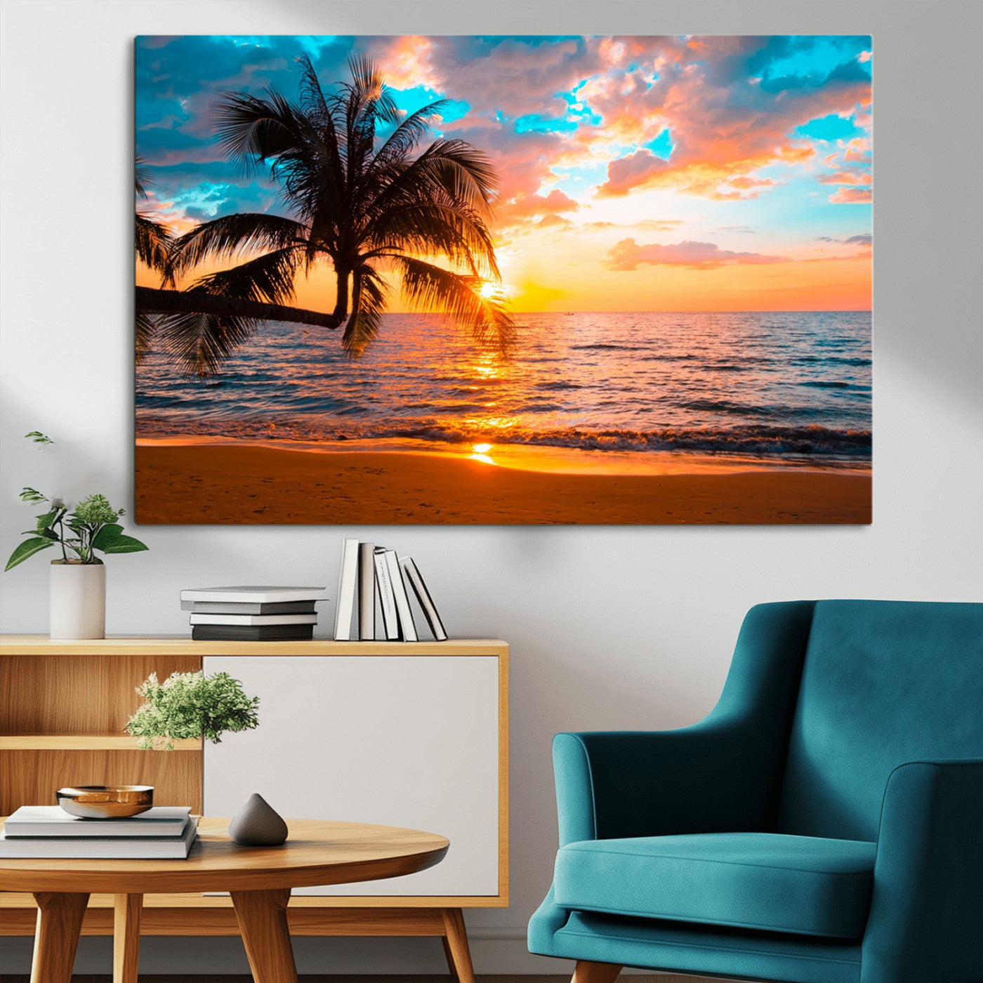 34674-MGV-CV-36X24-Tropical Sunset Beach Wall Art – Palm Tree Ocean Canvas Print, Coastal Seascape Decor for Living Room or Office Wall