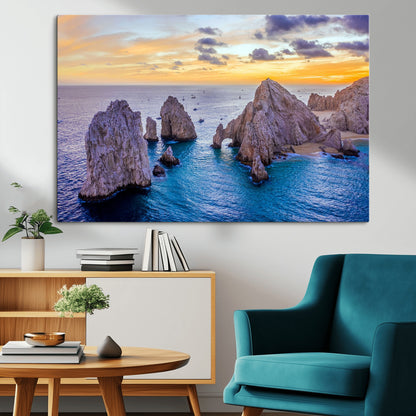 72955-MGV-CV-36X24-Ocean Rock Formation Wall Art – Sunset Coastal Seascape Print, Beach Landscape Decor for Living Room or Office