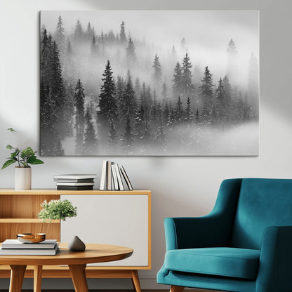 57235-MGV-CV-36X24-Misty Pine Forest Wall Art – Black and White Mountain Landscape Canvas Print, Nature Woodland Decor for Living Room, Bedroom or