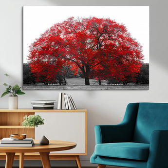 80021-MGV-CV-36X24-Red Tree Wall Art – Striking Black and White Landscape Canvas Print with Vibrant Red Leaves, Modern Nature Decor for Living Room