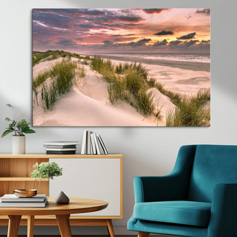 60570-MGV-CV-36X24-Beach Sunset Wall Art – Coastal Sand Dunes and Ocean Horizon Canvas Print, Tranquil Seascape Photography Decor for Living Room or