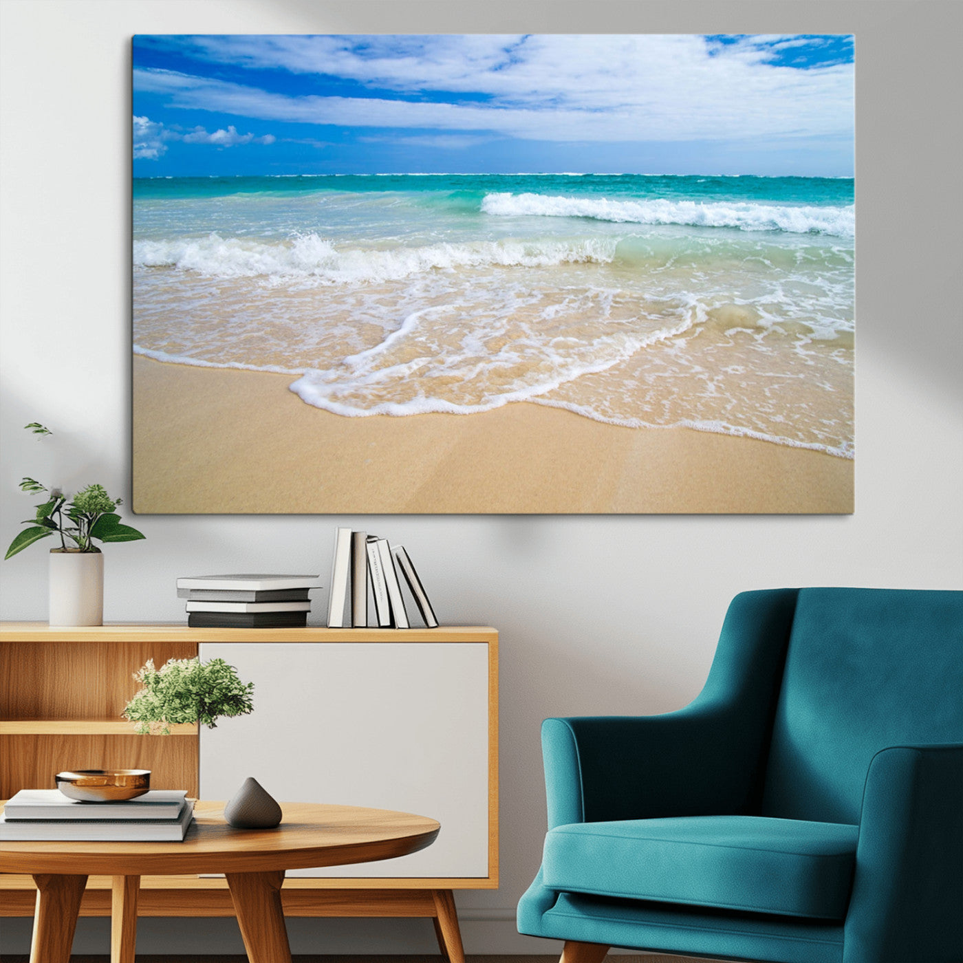 20660-MGV-CV-36X24-Ocean Wave Beach Wall Art – Serene Blue Sea and Sandy Shore Canvas Print, Coastal Landscape Photography Decor for Living Room or