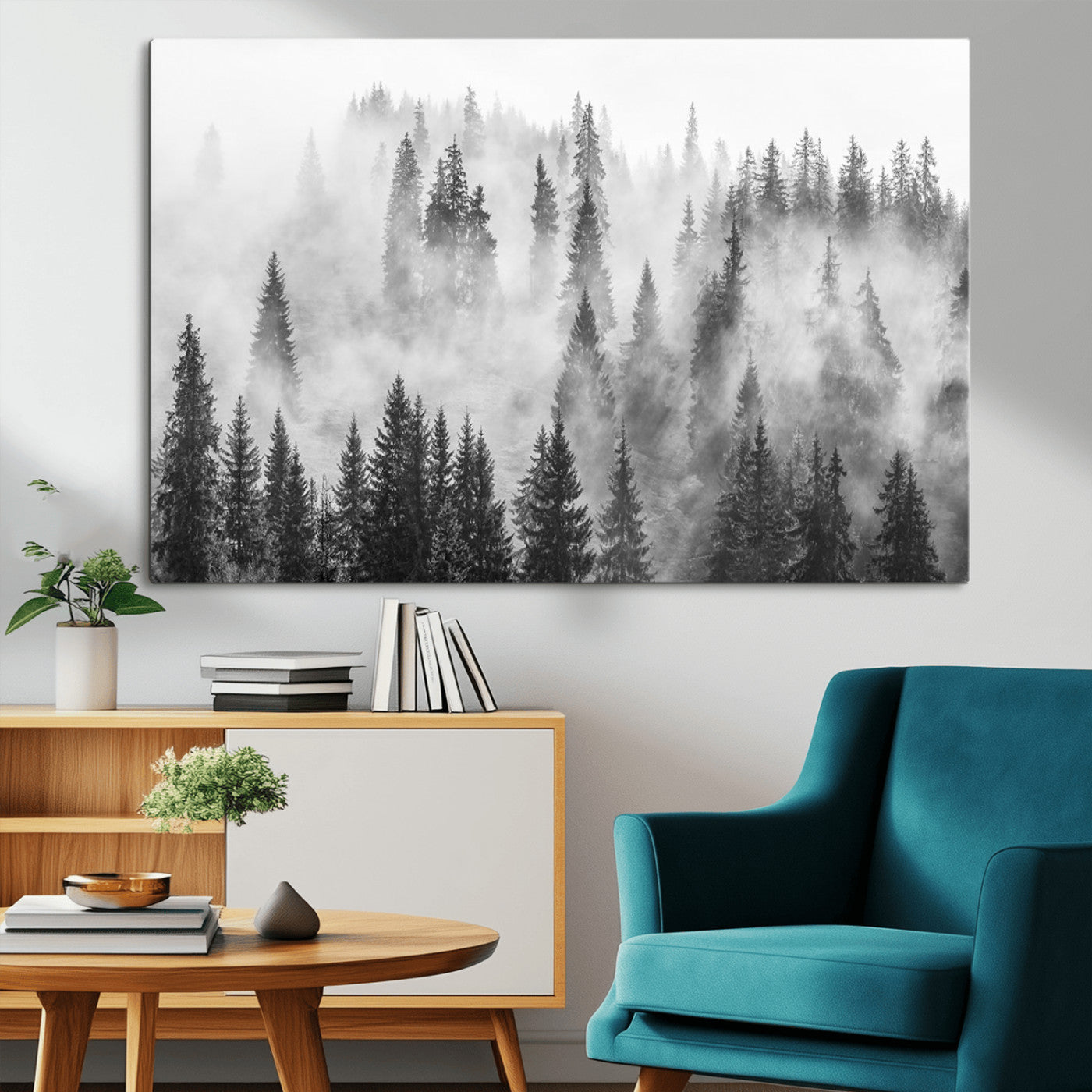 10422-MGV-CV-36X24-Misty Pine Forest Wall Art – Black and White Foggy Landscape Canvas Print, Serene Nature Woodland Decor for Bedroom, Office or