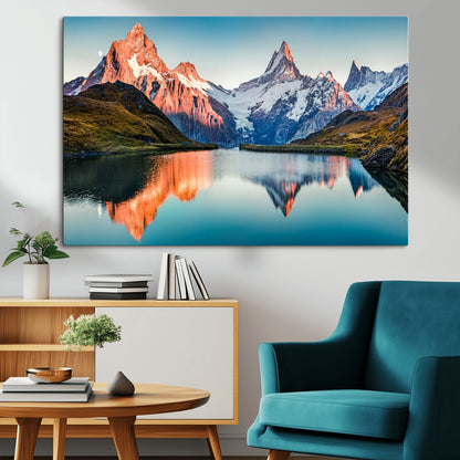 88453-MGV-CV-36X24-Mountain Lake Wall Art – Snow-Capped Peaks Reflected in Alpine Water Canvas Print, Nature Landscape Wall Decor for Living Room or
