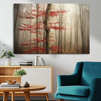 61855-MGV-CV-36X24-Misty Forest Wall Art – Red Tree with Autumn Leaves Canvas Print, Moody Woodland Nature Decor for Living Room, Bedroom, or Office