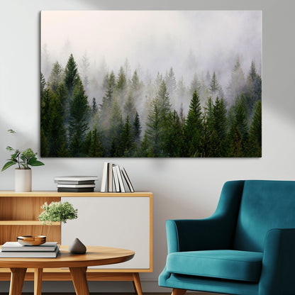 11436-MGV-CV-36X24-Misty Forest Wall Art – Tranquil Evergreen Tree Canvas Print with Foggy Landscape, Nature Inspired Artwork for Bedroom, Living