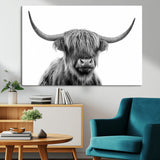 10123-MGV-CV-36X24-Black and White Highland Cow Wall Art – Modern Farmhouse Animal Print, Rustic Scottish Bull Canvas Decor for Living Room, Bedroom,