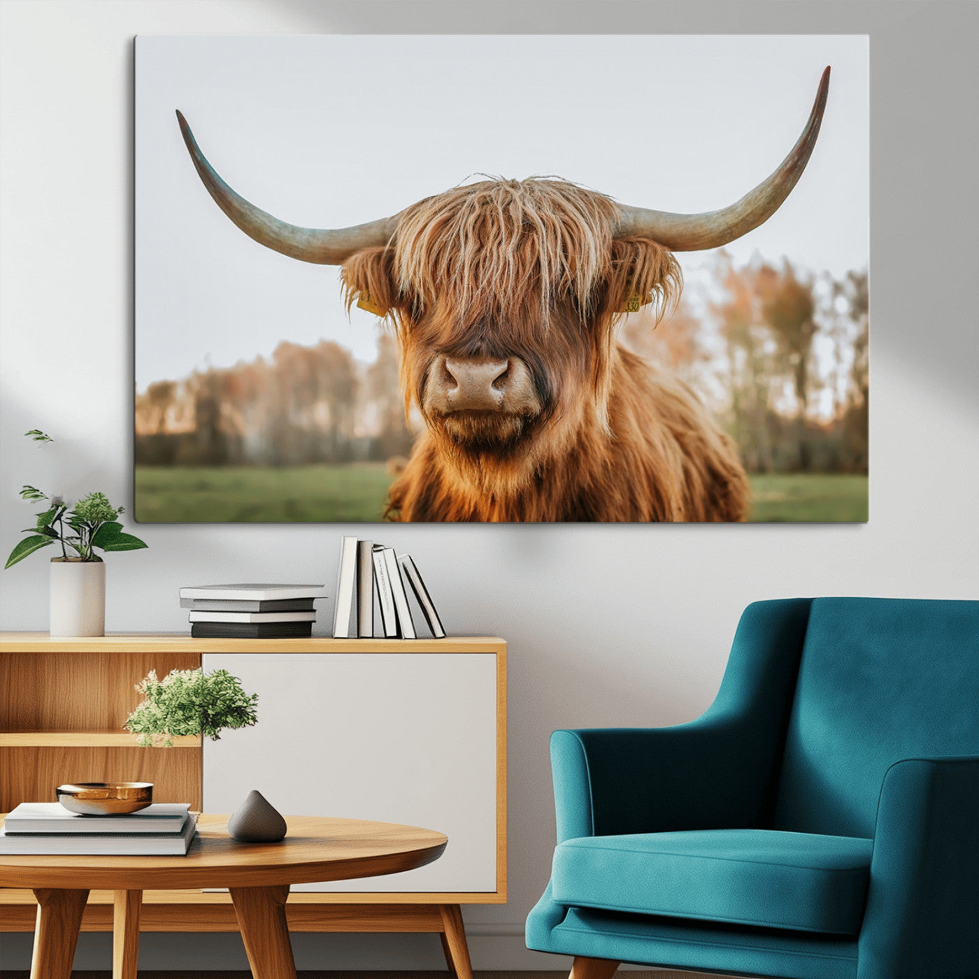 64824-MGV-CV-36X24-Highland Cow Wall Art – Rustic Scottish Bull Canvas Print, Farmhouse Animal Decor for Living Room, Bedroom, Office or Cabin
