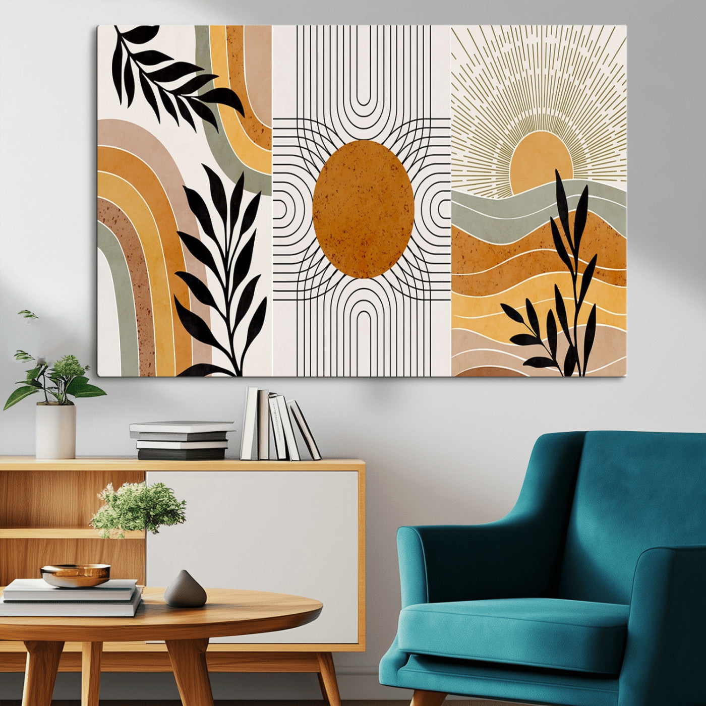 54028-MGV-CV-36X24-Boho Abstract Wall Art Set of 3 – Modern Geometric Sun, Rainbow and Botanical Canvas Prints in Earth Tone Colors for Living Room,