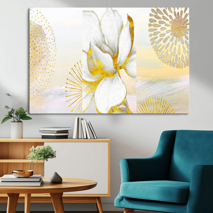 82301-MGV-CV-36X24-Modern Floral Wall Art – White Flower with Gold Detailing Canvas Print, Elegant Abstract Artwork for Living Room, Bedroom, or