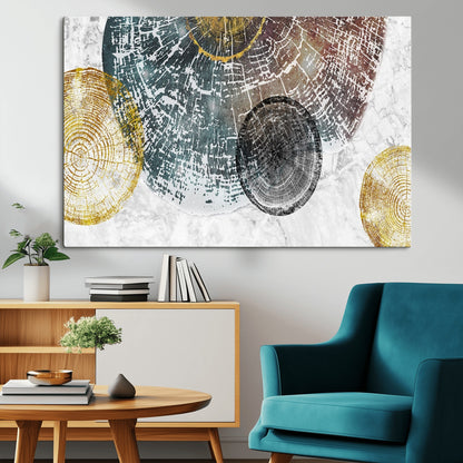 70653-MGV-CV-36X24-Abstract Tree Ring Wall Art – Modern Rustic Wood Slice Canvas Print with Gold Accents, Contemporary Nature Decor for Living Room,