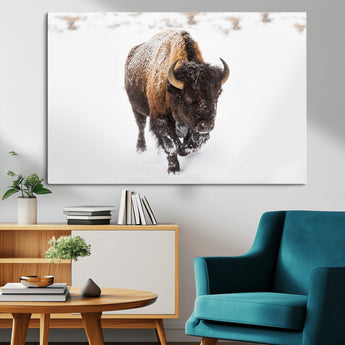 19889-MGV-CV-36X24-Snow Bison Wall Art – Majestic Buffalo Winter Landscape Canvas Print, Rustic Wildlife Photography Decor for Cabin, Lodge, Living