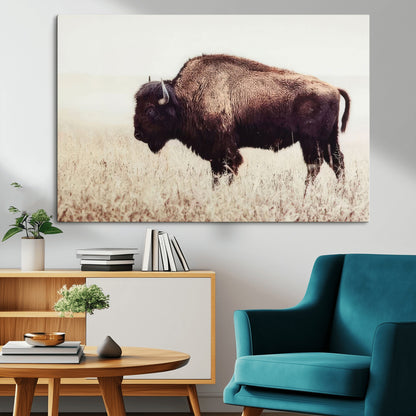 48406-MGV-CV-36X24-American Bison Wall Art – Rustic Buffalo Canvas Print in Prairie Field, Western Wildlife Photography Decor for Cabin, Lodge,