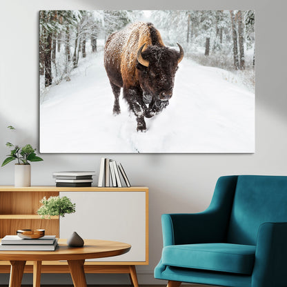 10109-MGV-CV-36X24-Majestic Bison Winter Wall Art – Snowy Forest Buffalo Canvas Print, Rustic Wildlife Photography Decor for Cabin, Lodge, Living