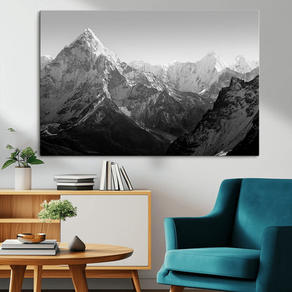 10775-MGV-CV-36X24-Snow Capped Mountain Wall Art – Black and White Canvas Print of Majestic Peaks, Nature Landscape Photography for Office, Bedroom,