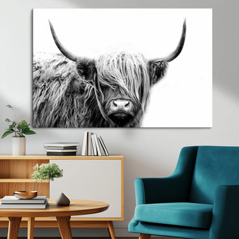 51957-MGV-CV-36X24-Highland Cow Wall Art – Black and White Scottish Highland Bull Canvas Print, Rustic Farmhouse Animal Decor for Living Room,