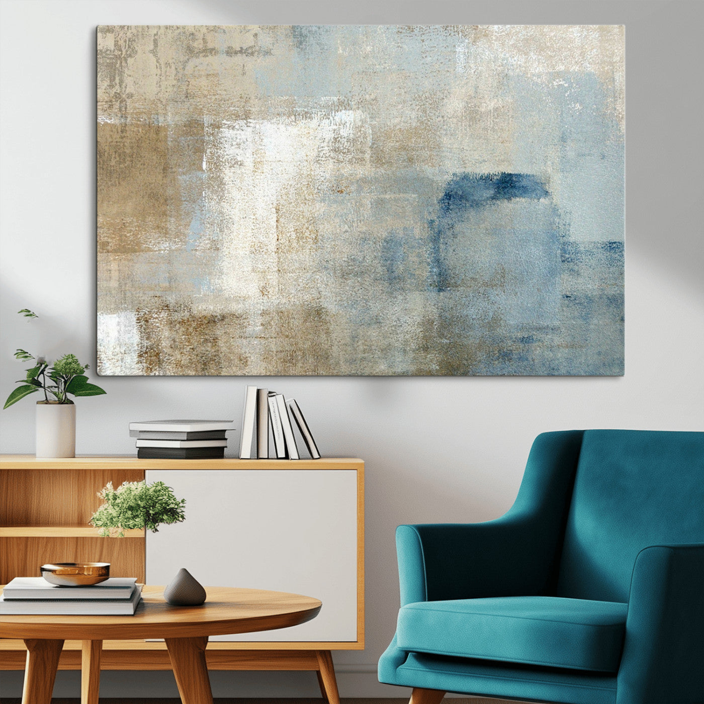 38126-MGV-CV-36X24-Neutral Abstract Wall Art – Modern Beige and Blue Canvas Print and Minimalist Textured Painting for Living Room, Bedroom or Office