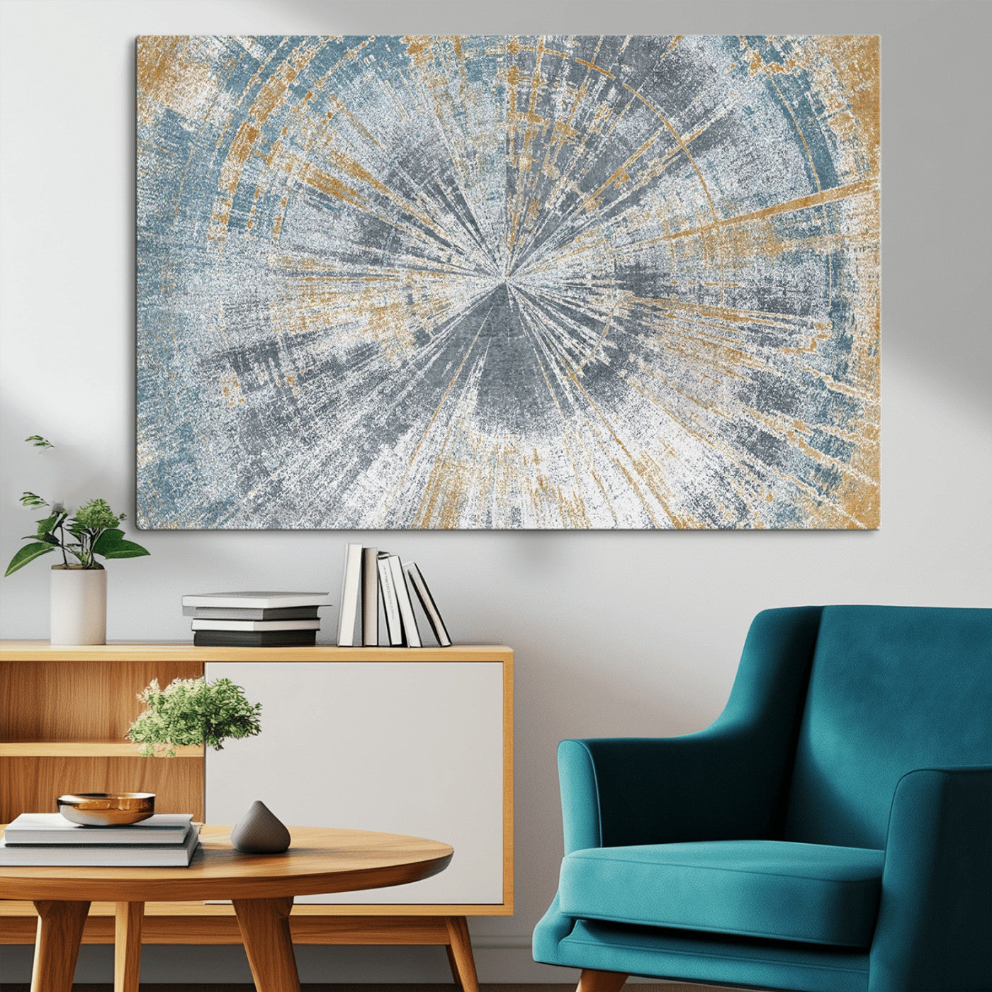 17631-MGV-CV-36X24-Radiant Burst Wall Art – Abstract Sunburst Canvas Print in Blue and Gold, Modern Geometric Painting for Living Room, Office or