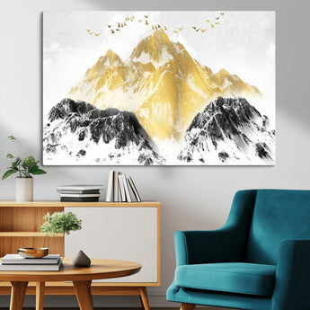 37733-MGV-CV-36X24-Golden Mountain Wall Art – Modern Abstract Landscape Canvas Print with Birds, Luxury Nature Decor for Living Room, Bedroom, or