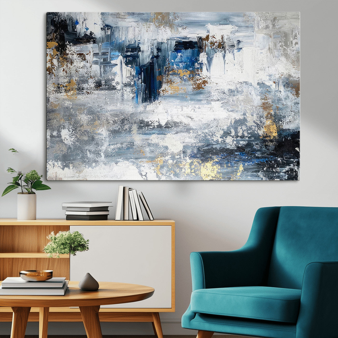 59716-MGV-CV-36X24-Abstract Blue and Gold Wall Art – Modern Textured Canvas Print, Contemporary Painting for Living Room, Bedroom, or Office Decor