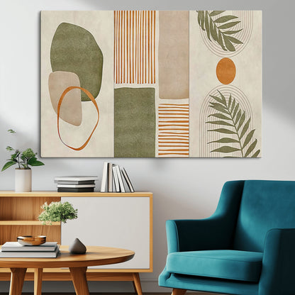 96002-MGV-CV-36X24-Abstract Geometric Wall Art – Modern Canvas Print with Green, Orange & Beige Shapes, Minimalist Home Decor for Living Room, Office