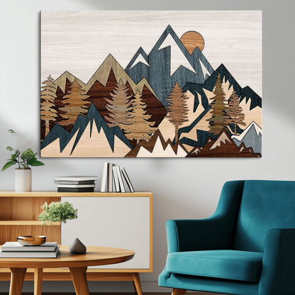 67950-MGV-CV-36X24-Modern Wood Wall Art Canvas Print, Framed Mountain Range Art Picture Print, Wood Mountain Range Perfect Rustic Decor Artwork