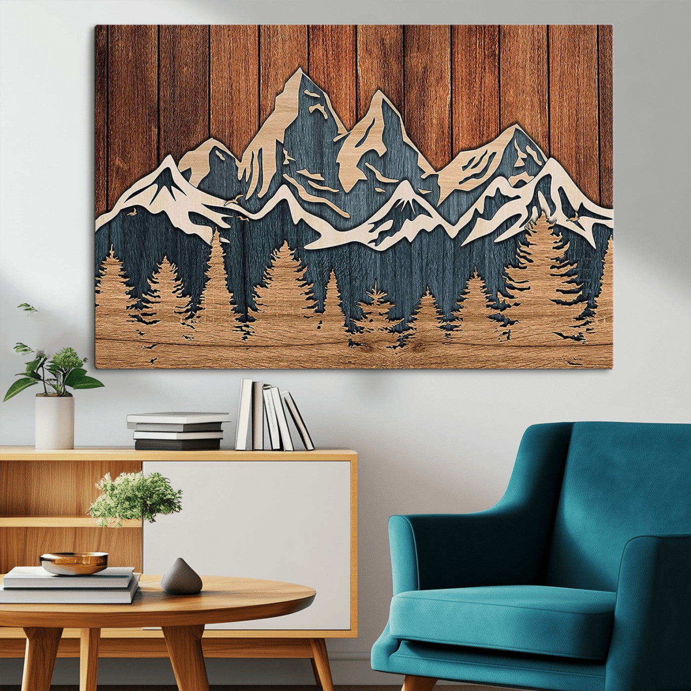 41330-MGV-CV-36X24-Rustic Mountain Wall Art – Wooden Nature Scene with Trees and Peaks, Handmade 3D Layered Decor for Living Room, Cabin or Office