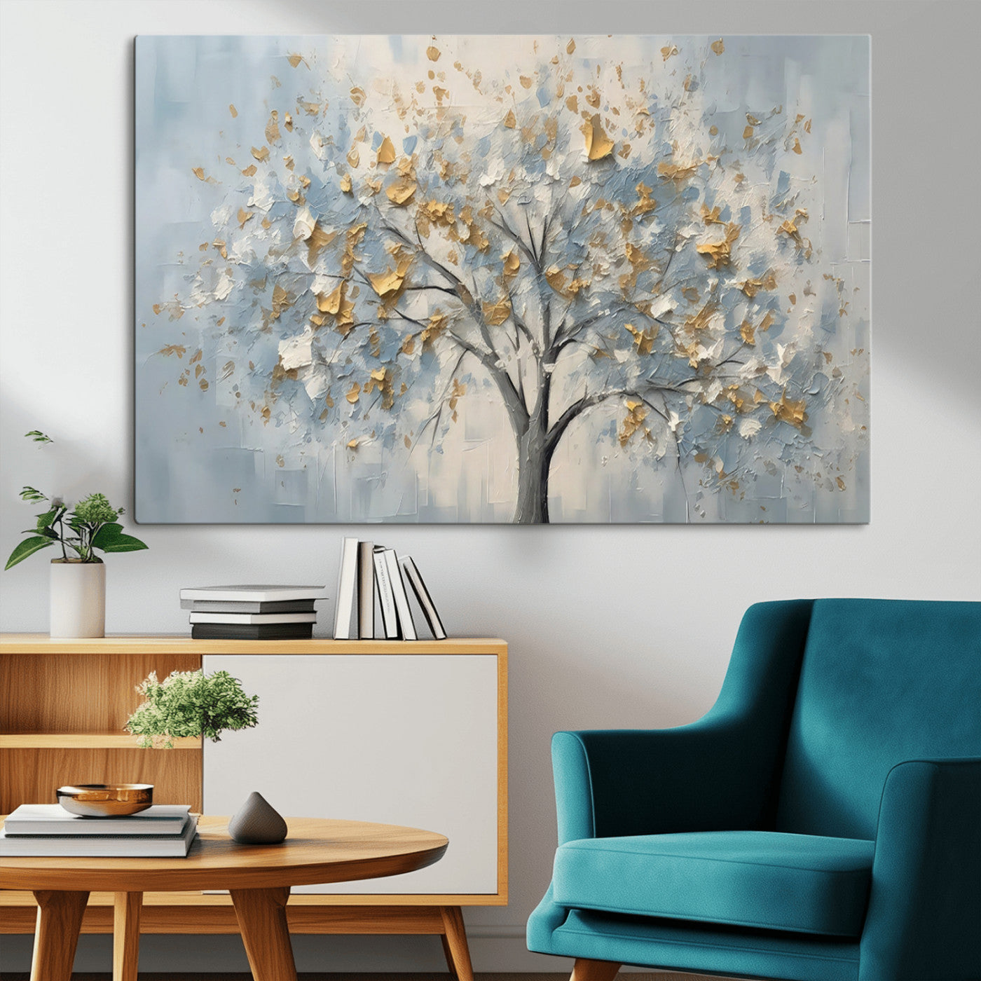 65811-MGV-CV-36X24-Abstract Tree Wall Art – Textured Canvas Painting with Gold and White Leaves, Modern Nature Inspired Decor for Living Room or