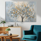 65811-MGV-CV-36X24-Abstract Tree Wall Art – Textured Canvas Painting with Gold and White Leaves, Modern Nature Inspired Decor for Living Room or