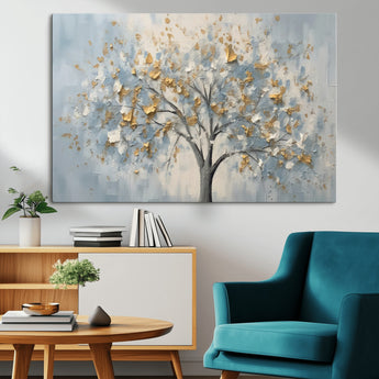 65811-MGV-CV-36X24-Abstract Tree Wall Art – Textured Canvas Painting with Gold and White Leaves, Modern Nature Inspired Decor for Living Room or