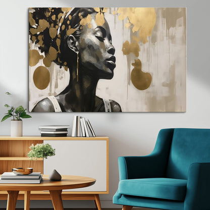 65669-MGV-CV-36X24-Elegant Black Woman Wall Art – Modern Abstract Portrait Canvas with Gold Accents, Contemporary Afrocentric Decor for Living Room