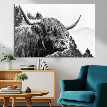 61570-MGV-CV-36X24-Highland Cow Wall Art – Black and White Scottish Bull Canvas Print, Rustic Farmhouse Animal Decor for Living Room, Bedroom, or