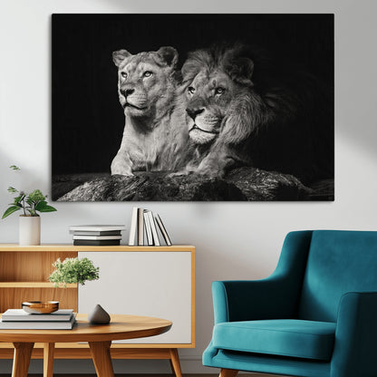 80013-MGV-CV-36X24-Lion and Lioness Wall Art – Black and White Wildlife Photography Canvas Print, African Safari Animal Decor for Office, Bedroom, or