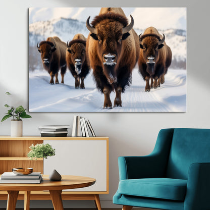 56701-MGV-CV-36X24-Bison Herd Wall Art – Buffalo Walking in Snowy Mountains Canvas Print, Rustic Wildlife Decor for Cabin, Lodge, or Living Room
