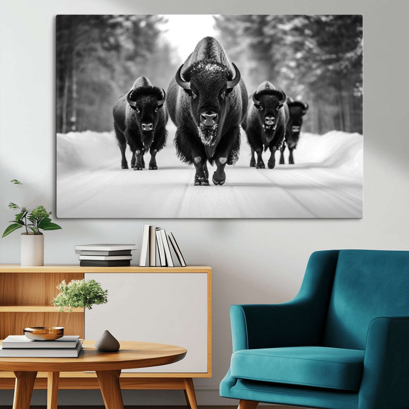 45287-MGV-CV-36X24-Bison Herd Wall Art – Black and White Buffalo Snow Road Canvas Print, Rustic Wildlife Decor for Cabin, Lodge or Living Room