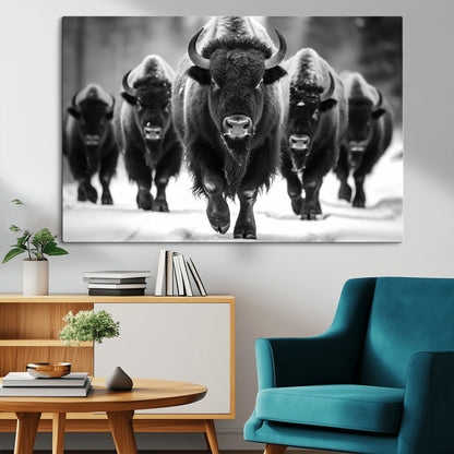 79872-MGV-CV-36X24-Bison Herd Wall Art – Black and White Buffalo on Snow Canvas Print, Rustic Wildlife Decor for Lodge, Cabin, or Living Room
