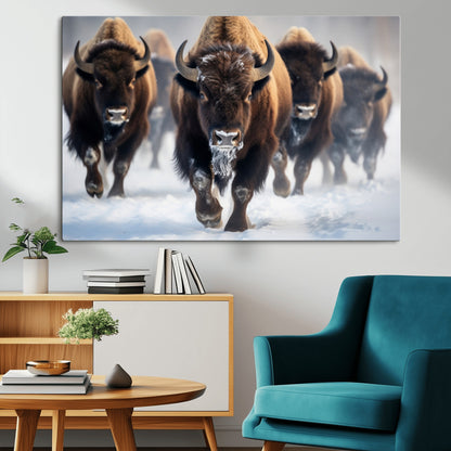80512-MGV-CV-36X24-Bison Herd Wall Art – Buffalo Running in Snow Canvas Print, Rustic Wildlife Photography Decor for Cabin, Lodge, or Living Room