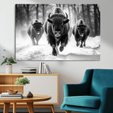 97552-MGV-CV-36X24-Black and White Bison Wall Art – Buffalo Herd Running in Snow Canvas Print, Rustic Wildlife Photography Decor for Cabin, Lodge, or