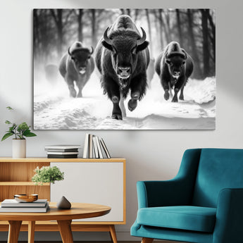97552-MGV-CV-36X24-Black and White Bison Wall Art – Buffalo Herd Running in Snow Canvas Print, Rustic Wildlife Photography Decor for Cabin, Lodge, or