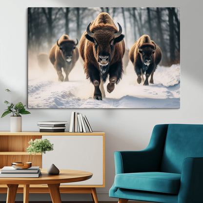 56549-MGV-CV-36X24-Wild Bison Wall Art – Majestic Buffalo Herd Running in Snow Canvas Print, Rustic Wildlife Photography Decor for Cabin, Lodge, or