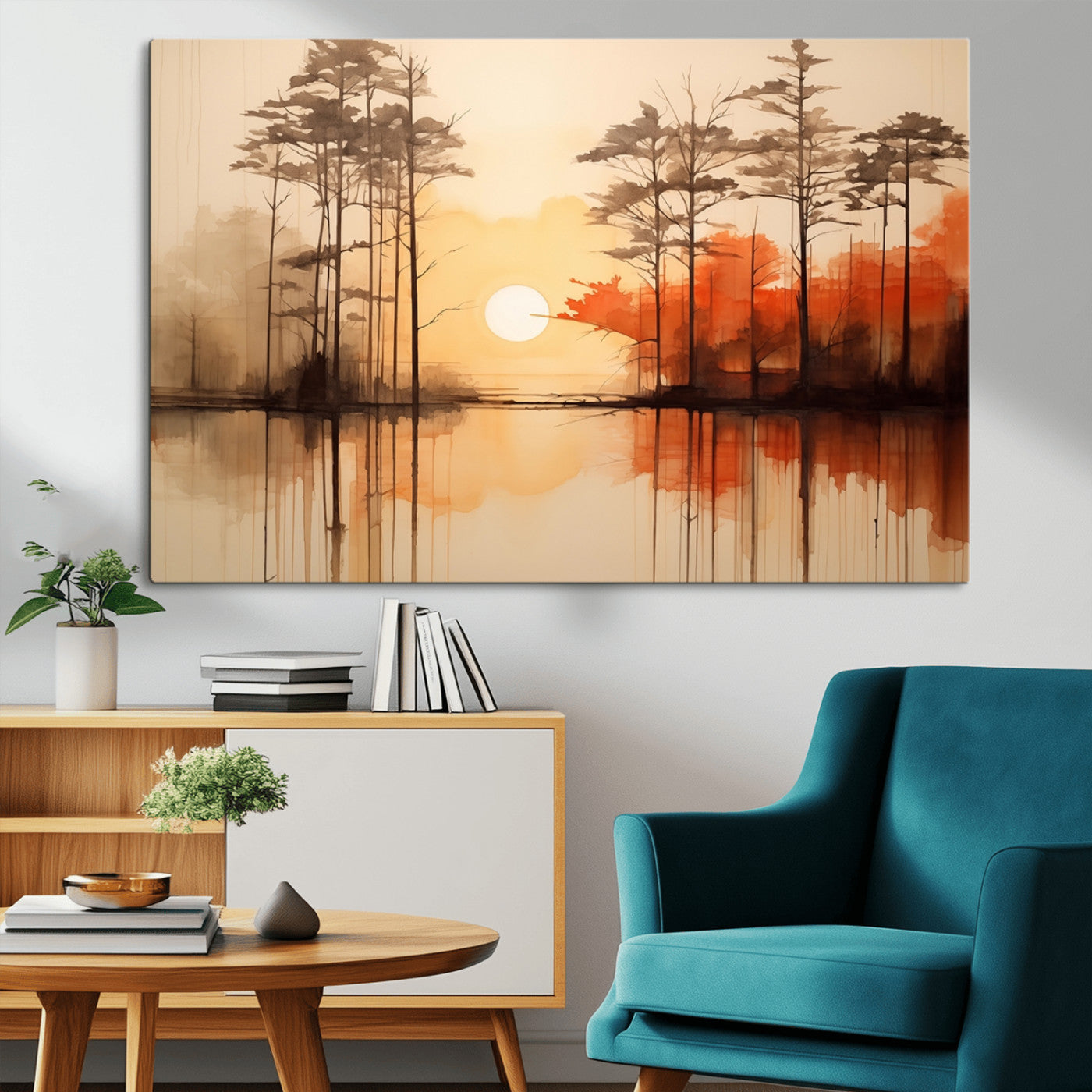 51083-MGV-CV-36X24-Sunset Lake Forest Wall Art – Serene Trees and Orange Sky Reflection Canvas Print, Tranquil Nature Decor for Living Room, Office