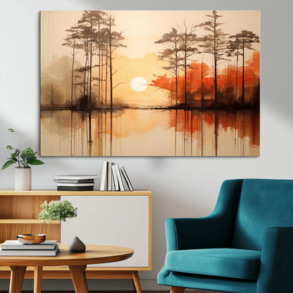 51083-MGV-CV-36X24-Sunset Lake Forest Wall Art – Serene Trees and Orange Sky Reflection Canvas Print, Tranquil Nature Decor for Living Room, Office
